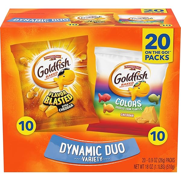 GOLDFISH DYNAMIC DUO VARIETY PACK, COLORS CHEDDAR & FLAVOR BLASTED XTRA CHEDDAR, SNACK PACKS, 20 CT