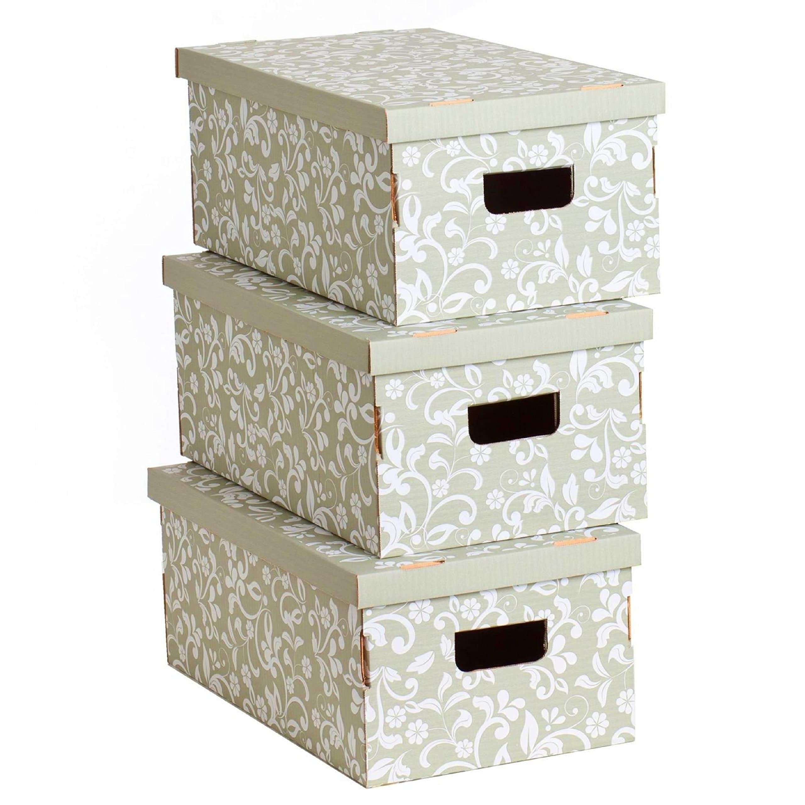 LAVATELLI Set of 3 Decorative Storage Boxes with Lids, Cardboard, Flowers Design, Ideal for Clothes, Bedding, Toys, Office and Gift, Floral, Gray, 51x29x21 cm