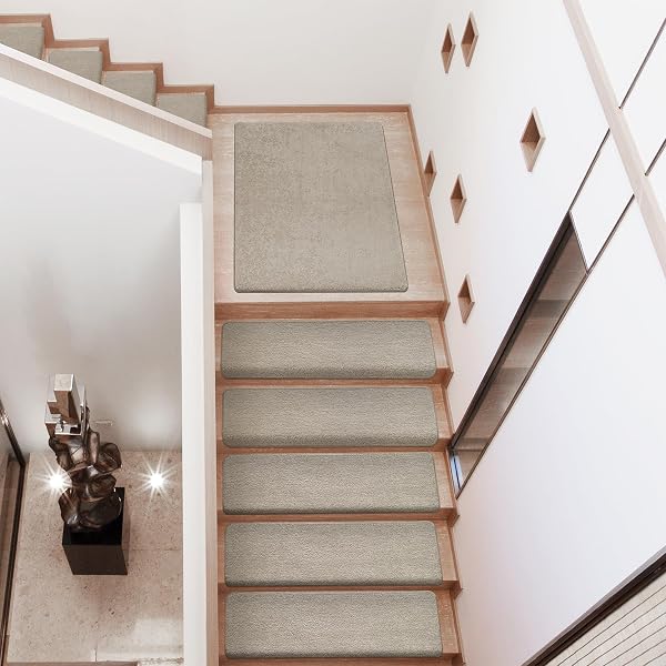 PURE ERA CARPET STAIR TREADS ULTRA PLUSH 9.5″ X 30″SOFT BULLNOSE INDOOR STAIR PROTECTORS PET-FRIENDLY NON-SLIP SKID RESISTANT TAPE FREE WASHABLE REUSABLE(14 PIECES, CREAM GRAY)