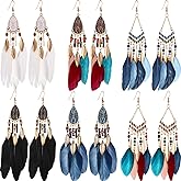 6 Pairs Women Faux Feather Earrings Dream Catcher Bohemian Fringe Tassel Long Drop Dangle Earrings Set with Design for Women