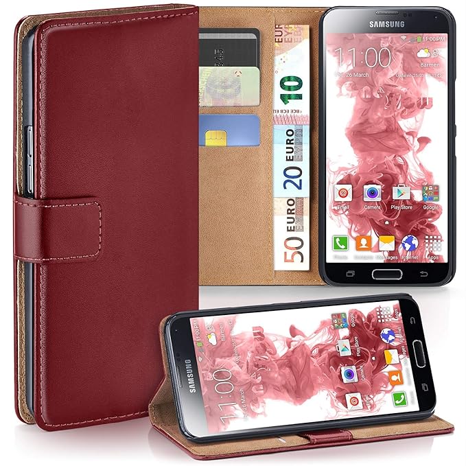 moex Samsung Galaxy S5 Mini | Hülle Dunkel-Rot mit Karten-Fach 360° Book Klapp-Hülle Handytasche Kunst-Leder Handyhülle für S
