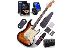 AKLOT Stryde Electric Guitar with Coil-Split: Roasted Maple Neck, Flame Maple Top, HSS Ceramic Pickups, Beginner Guitar Kit with 10W Amp, Gig Bag, Strap, Picks, Lesson Book, Inferno Burst
