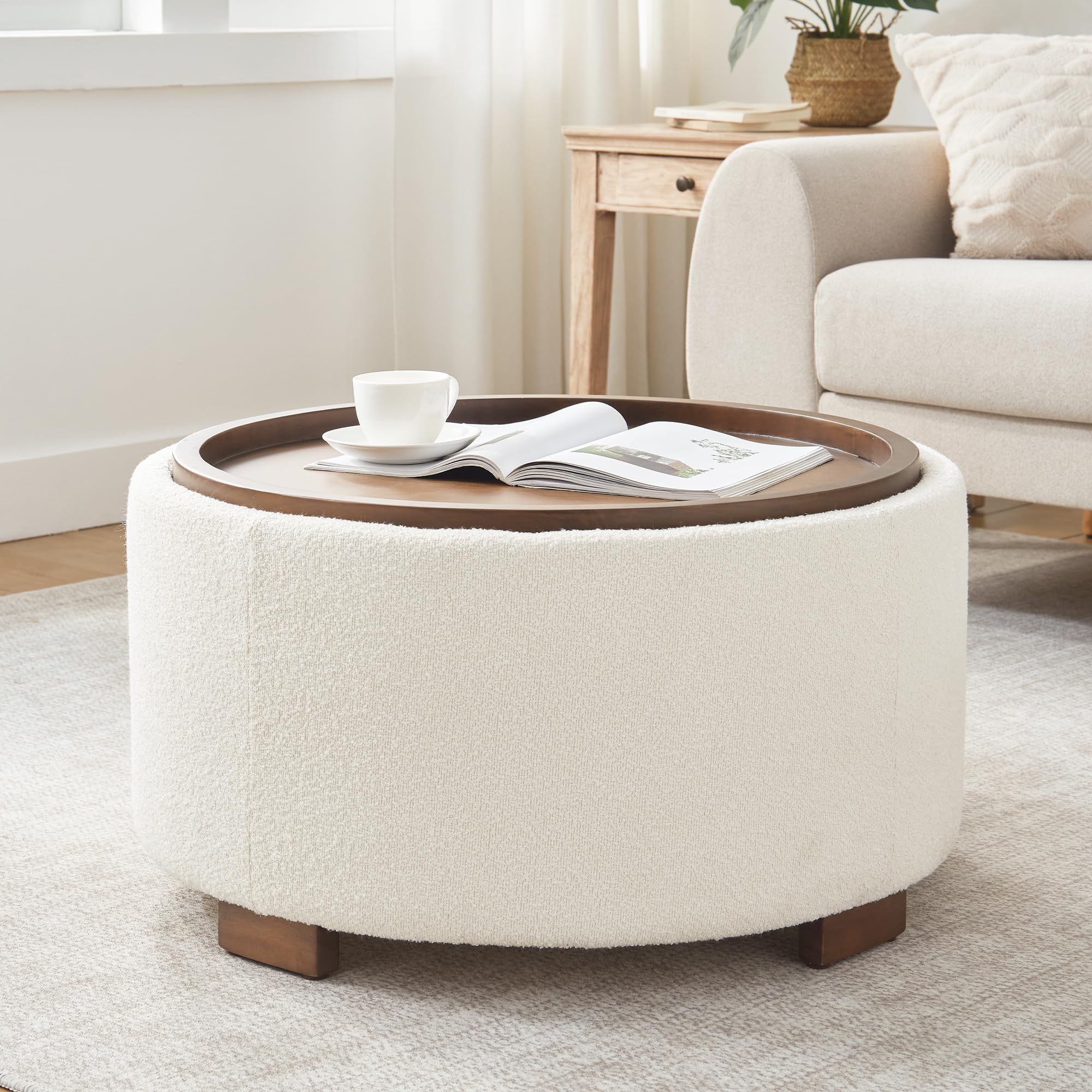Zihanhome 30 Inch Round Storage Ottoman, Ottoman Coffee Table with Lift Off Lid, Boucle Ottoman with Solid Wood Legs, Modern Ottoman with Storage for Living Room, Bedroom, Corners, Apartments (Beige)