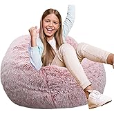 Fluffy Bean Bag Chair for Kids, 2.5FT Round Memory Foam Filled Bean Bag for Teens & Kids, Ultra Soft Faux Fur Fabric Bean Bag Chairs for Playroom, Living Room, Bedroom,Pink