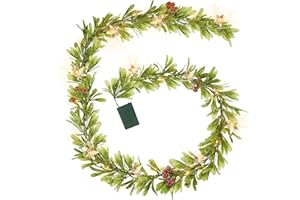 GODKOL Flocked Olive Christmas Garland with Lights, 6FT 20 LED Battery Operated prelit Garland, Lighted Garland for Christmas Holiday Mantel Wedding Party Indoor Decoration