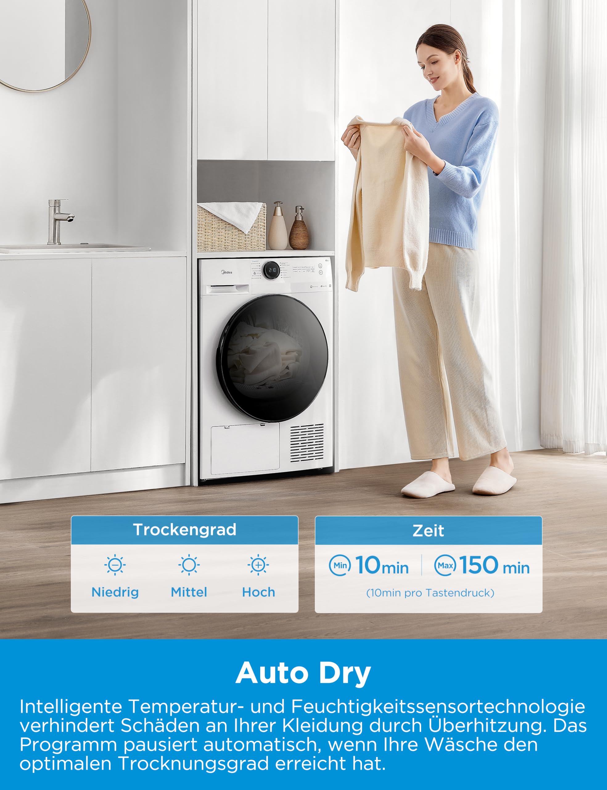 Midea MD20EH80WB-A3 Wärmepumpentrockner, 8 kg, Energieklasse C, UV Hygience, Knitterschutz, Sanfte Pflege, Auto Dry, Wollpflege, Auffrischen, Fernsteuerung, Startzeitvorwahl, Weiß [Energieklasse C] 5