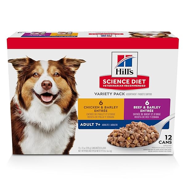 HILL’S SCIENCE DIET ADULT 7+, SENIOR ADULT 7+ PREMIUM NUTRITION, WET DOG FOOD, VARIETY PACK: CHICKEN & BARLEY; BEEF & BARLEY LOAF, 13 OZ CAN VARIETY PACK, CASE OF 12