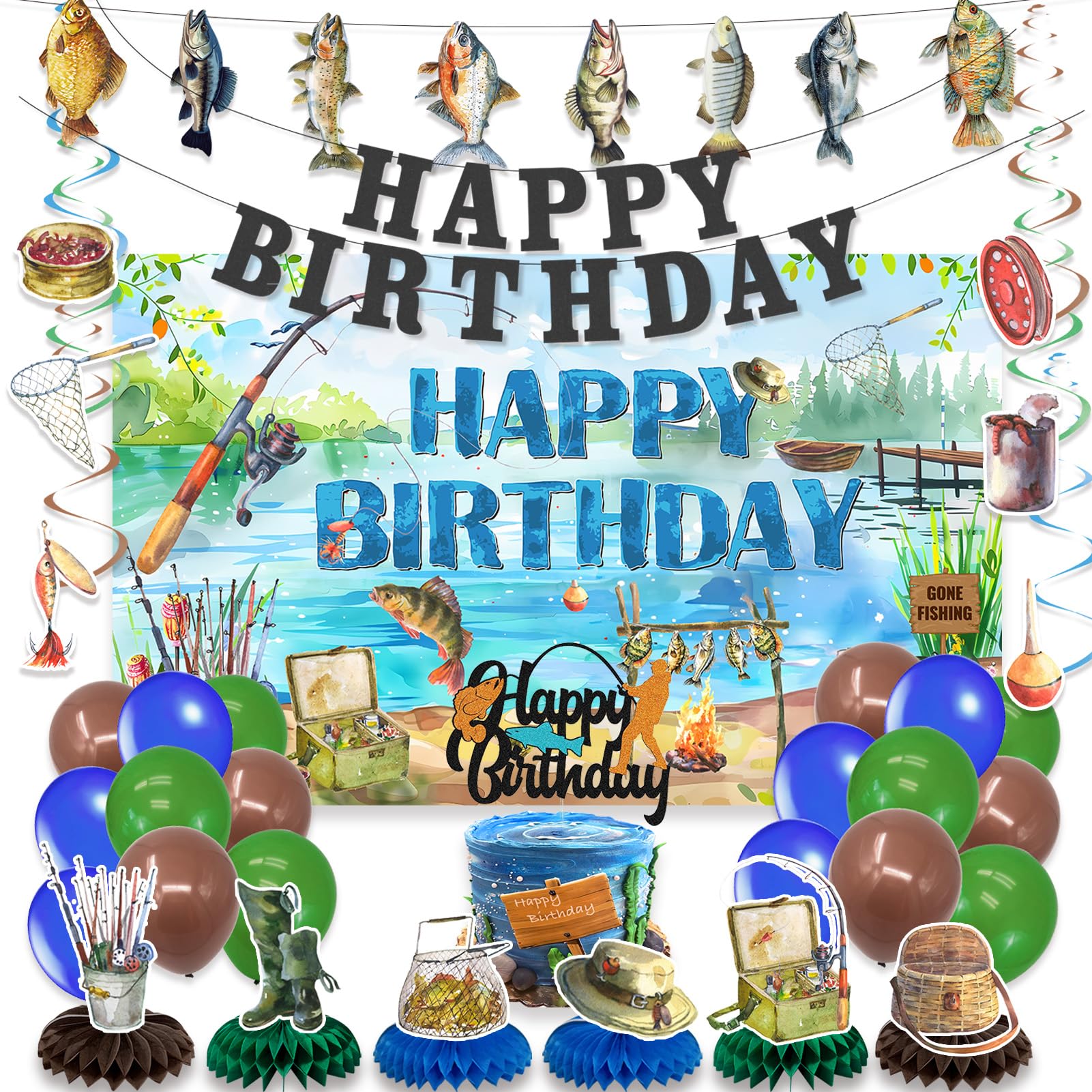 Photo 1 of Roetyce Fishing Birthday Decorations - 34PCS Balloons, Banners, Centerpieces, Cake Topper Kit, Angler Party Decor