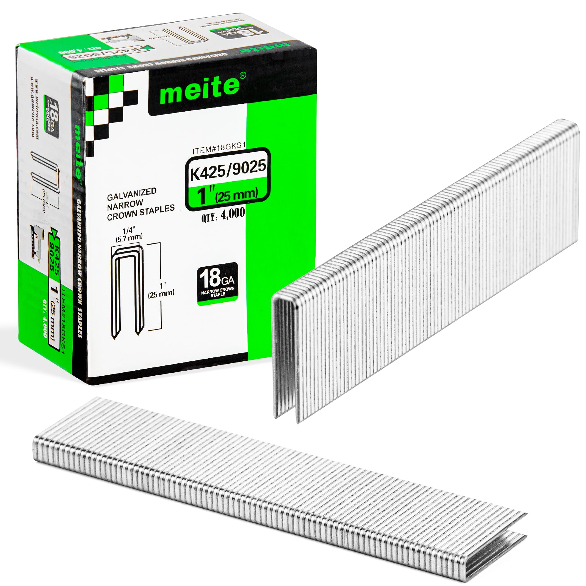meite 9025 Type 90/25 mm Narrow Crown Staples for Staple Gun 18 Gauge Galvanised Upholstery Staples for Furniture, Wood Box, Crafts DIY (4,000 Pieces)