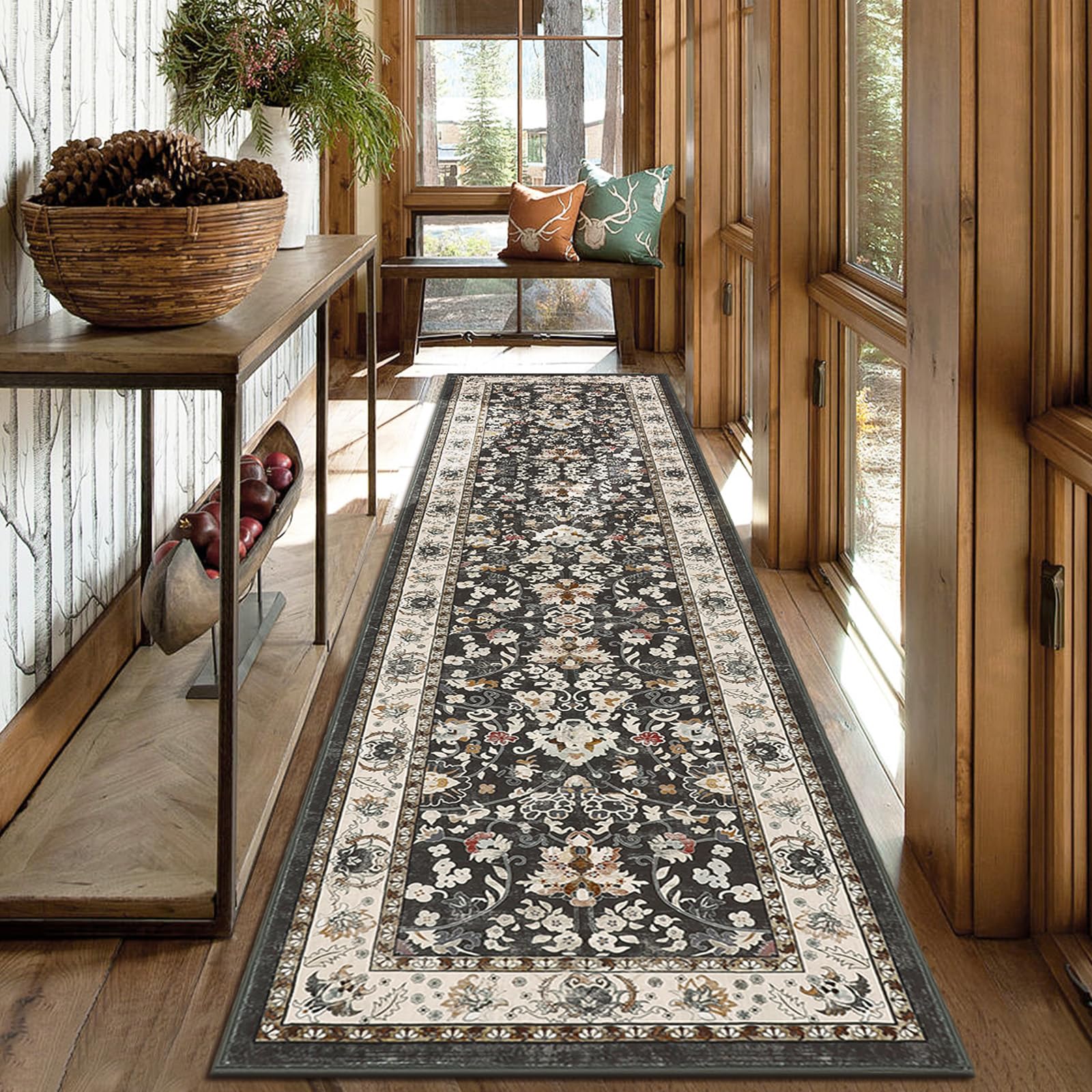 LOKHOM Washable Runner Rug, 2x8 Non Slip Vintage Hallway Runner Rug with Rubber Backing, Boho Floral Soft Faux Wool Kitchen Rug Carpet Runner for Kitchen Laundry Entryway Bedroom (Black) Image