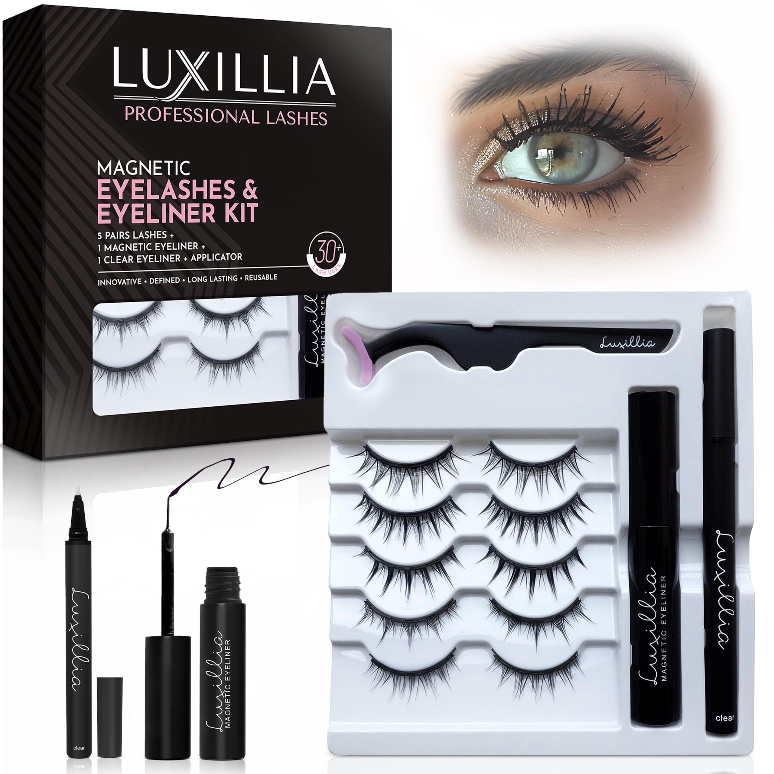Luxillia (Clear + Black) Magnetic Eyeliner with Eyelashes Kit - Free Applicator Tool, 8D Most Natural Look Eyelash No Magnets Needed - Best Reusable False Eye Lash, Waterproof Liner Pen and Lashes