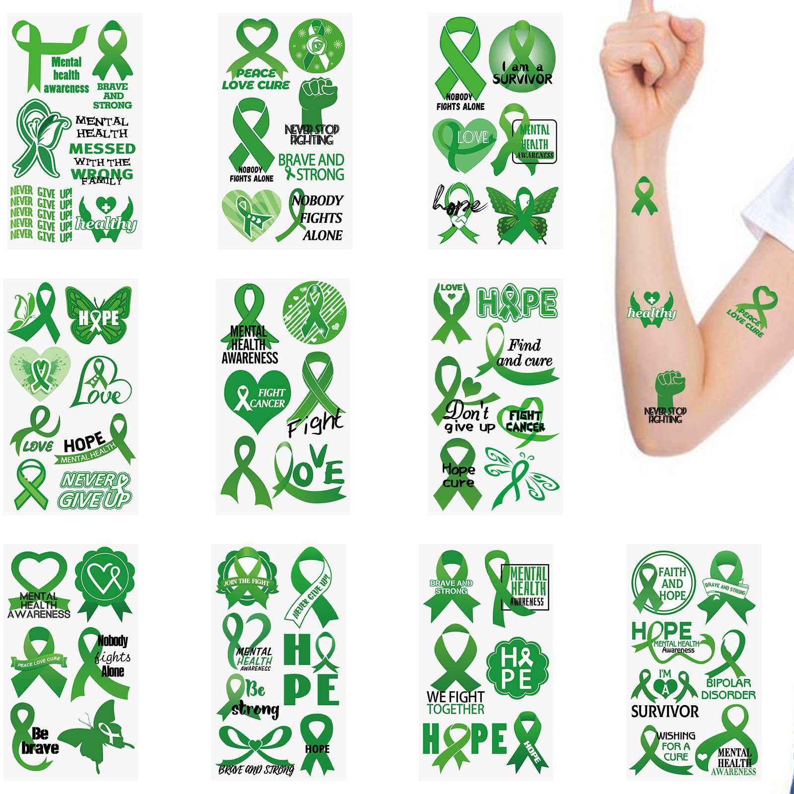 WANDIC 30 Sheets Green Ribbon Temporary Tattoos, Mental Health Awareness Tattoo Sticker Liver Cancer Environment Issue Awareness Stickers for Charity — image 1