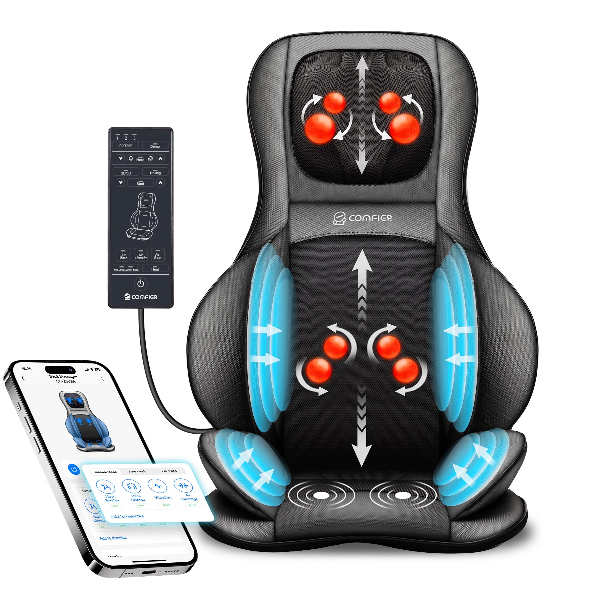 Photo 1 of COMFIER Shiatsu Neck Back Massager with Heat,2D/3D Massage Chair Pad with App Control,Deep Tissue Kneading Massage Chair Pad with Compression,Chair Massager for Full Body,Gifts for Mom,Dad, Black