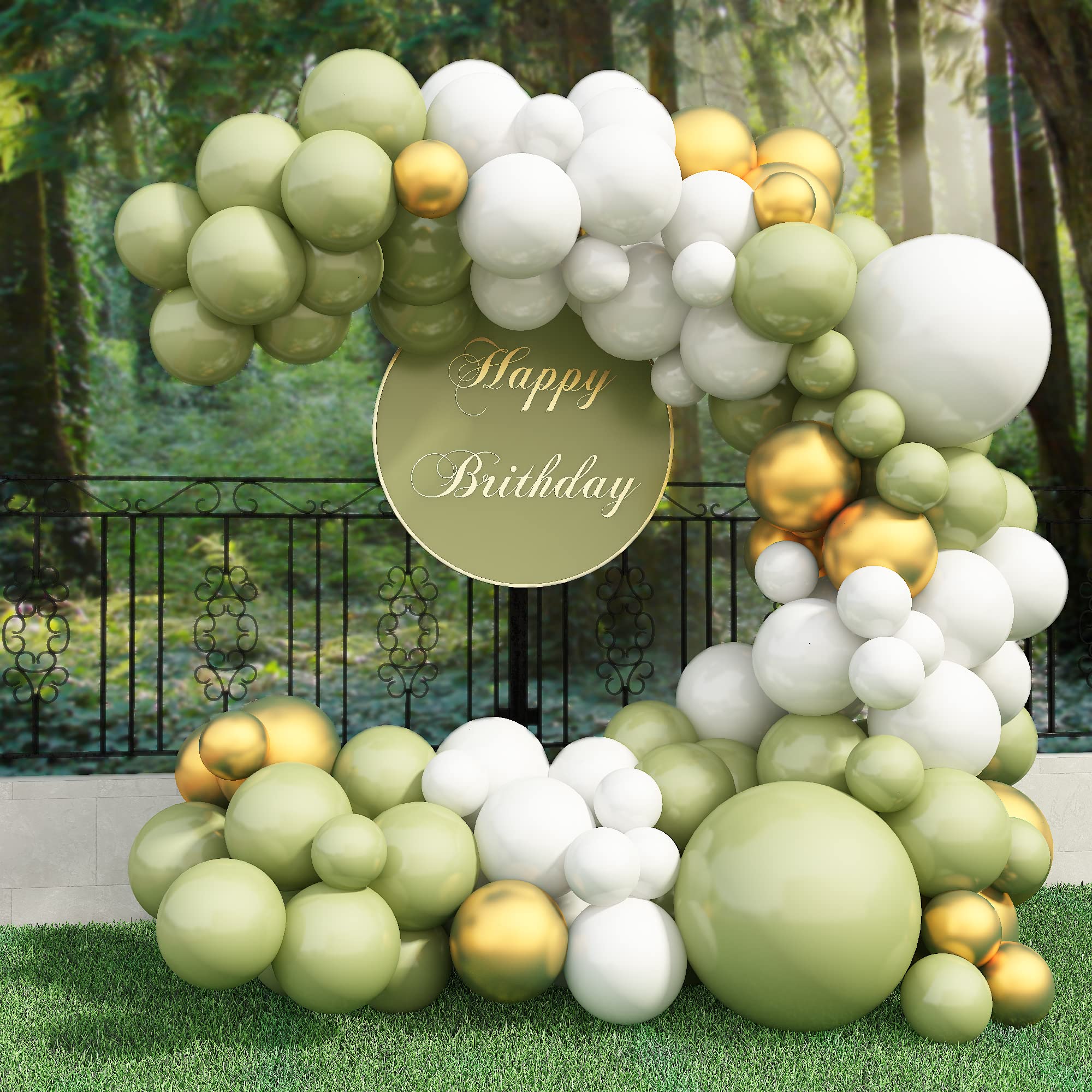 Sage Green Balloon Arch Kit, 95Pcs Green White and Gold Balloon Garland Kit, Olive Green Balloon Sage Green Balloon Arch with Metallic Gold Balloons for Baby Shower Birthday Jungle Safari Party Decor
