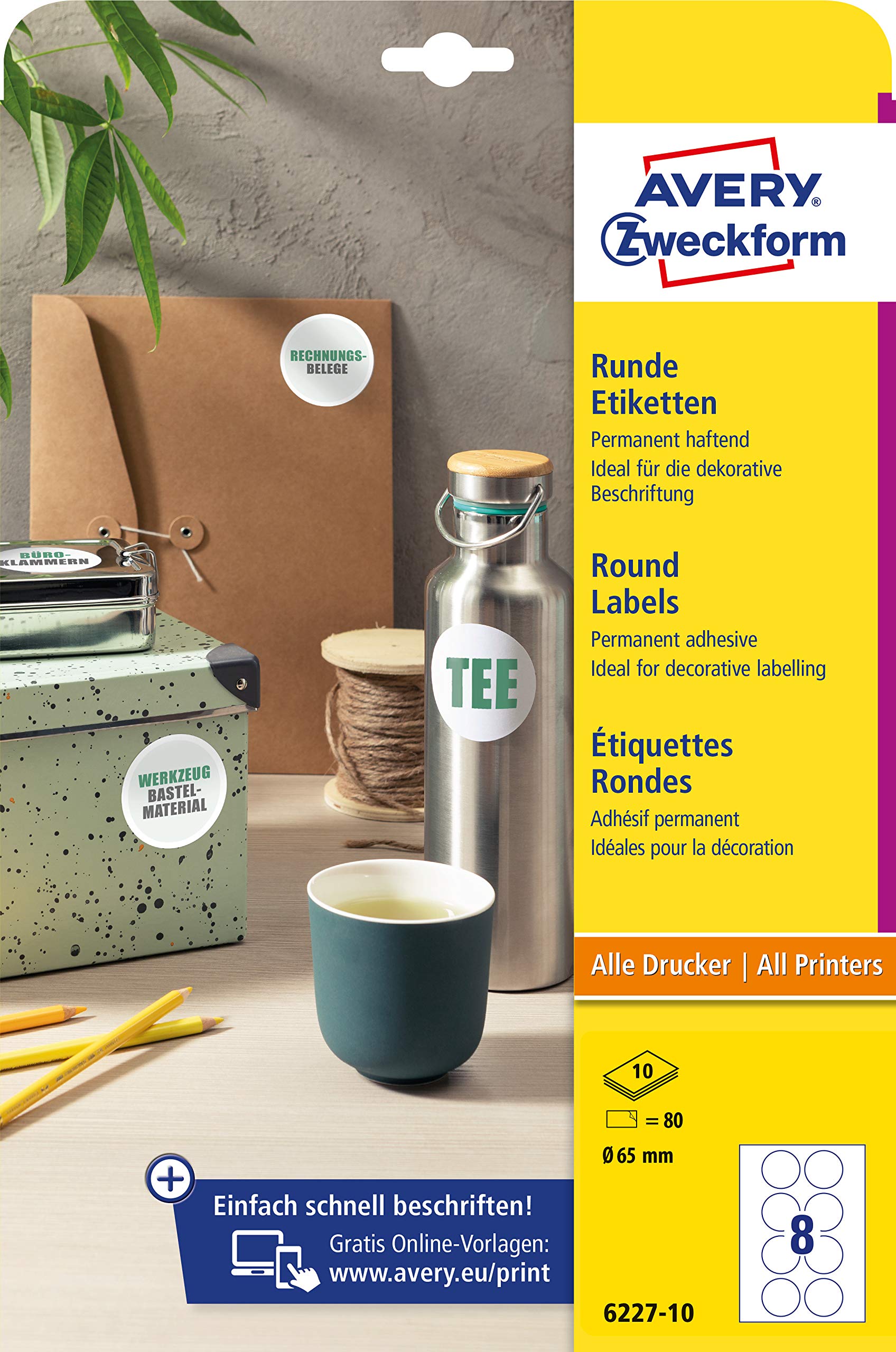 Avery Zweckform 6227-10 Round Labels (80 Adhesive Dots, Diameter 65 mm on A4, Round Stickers for Printing, Self-Adhesive Product Labels, Permanent Adhesive Jam Labels), 10 Sheets, White