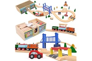 ORBRIUM Wooden Train Set Deluxe 52 Pcs with Storage Gift Box Tunnel 9 Layouts Magnetic Trains STEM Montessori Toys Playset for Toddler Boys Girls Kids 3+ Compatible with Thomas, Brio, Melissa and Doug