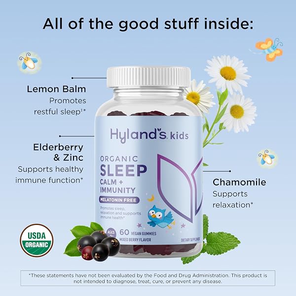HYLAND’S KIDS MELATONIN FREE ORGANIC SLEEP AID GUMMIES WITH CALM & IMMUNE SUPPORT – WITH VITAMIN C, ZINC, ELDERBERRY, LEMON BALM & CHAMOMILE, HELPS WITH SLEEPLESSNESS & RESTLESSNESS, 60 VEGAN GUMMIES