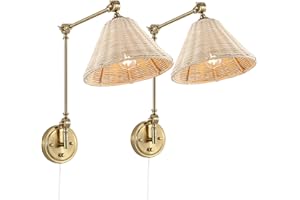 WINGBO Wall Sconce Rattan Wrapped Wall Lamp, Adjustable Swing Arm Wall Light Gold Vintage Bedside Light Fixture Wicker Handmade Shade Brass Reading Light Plug in or Hardwire (2 Pack)
