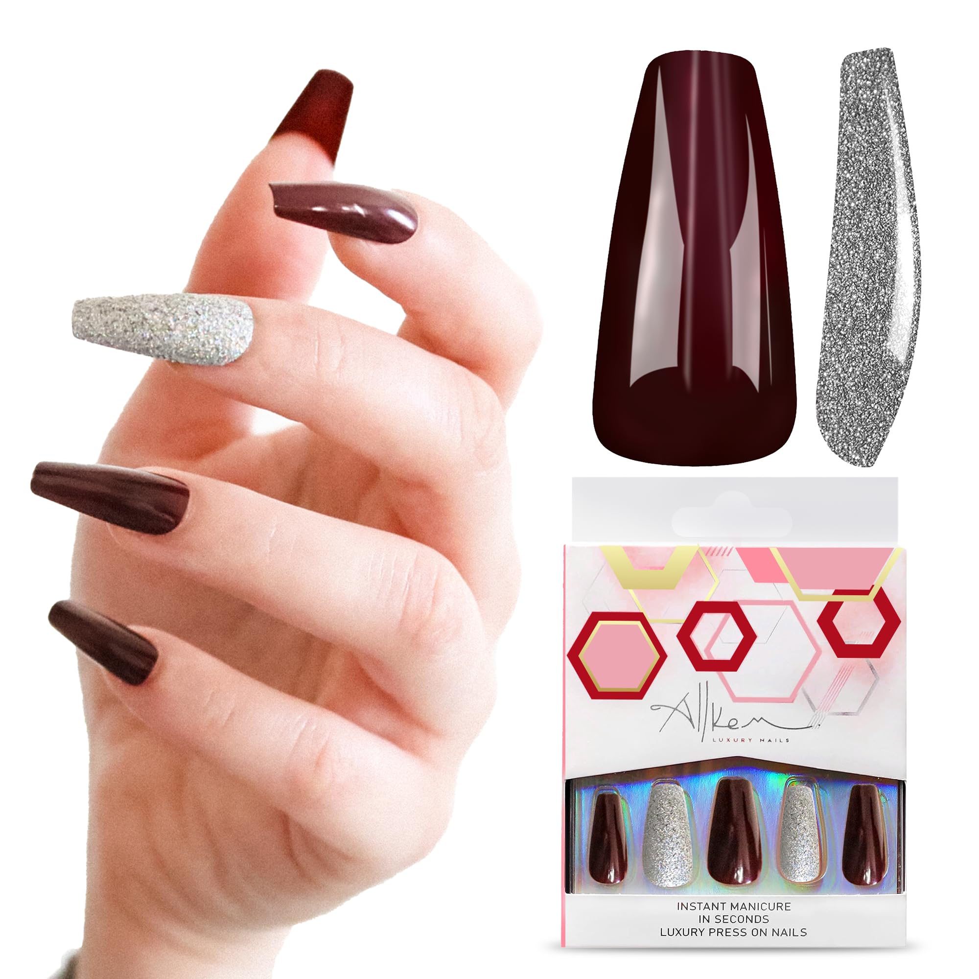 Photo 1 of Allkem Press On Nails - Fusion Maroon Glossy Medium Long Ballerina | 10 sizes - 20 pcs Coffin Nail kit with Glue