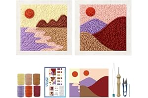 ORIGACH 2 Set Embroidery Punch Needle Kit with Frame, Boho Landscape Needle Punching Kit with Patterns, Threads, Tools & Instructions for Beginners & Adults, DIY Wall Hanging Decor