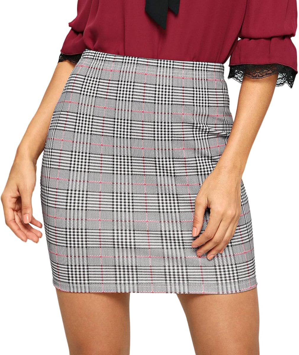 SheIn Women's Basic Stretch Plaid Mini Bodycon Pencil Skirt: Clothing