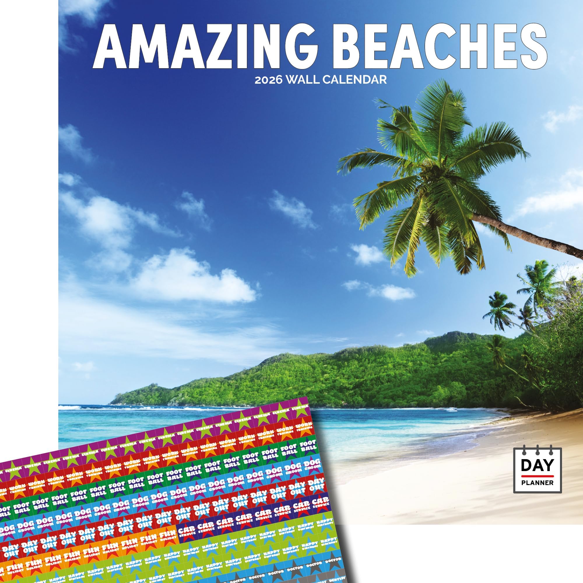 Dayplanner Amazing Beaches Calendar 2026, Large Square Wall Calendar With Organisational Stickers, 16 Month, Amazing Beaches Gift Calendar