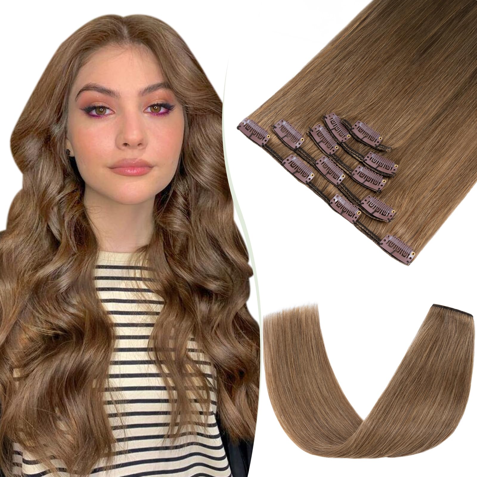 TESS Human Hair Extensions Clip in Real Hair Brown Remy 5 Pieces Straight Natural Hairpieces for Women/Girls (#06 Light Brown, 18 Inch 70g) — image 1
