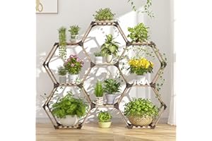 Tikea Hexagonal Plant Stand Indoor Plant Stand for Multiple Plants Outdoor Large Wooden Plant Shelf 6 Tiered 9 Potted Plant Holder Flowers Stand for Patio Balcony Window Living Room