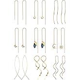 ORAZIO 9 Pairs Threader Earrings for Women Stainless Steel Chain Tassel Earrings Lightweight Double Twist Wave Heart Moon Leaf Threader Dangle Drop Earrings Minimalist Long Chain Earrings Set