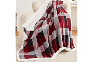 L'AGRATY Sherpa Throw Blanket - Fleece Fluffy Warm Blanket for Couch - 50''x60'' Double Reversible Thick Plush Blanket for Bed - Fuzzy Throw Plaid Checkerboard Blanket for Sofa (Red - Black)