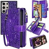 Harryshell Detachable Magnetic Zipper Wallet Leather Case with Cash Coin Pocket 12 Card Slots Holder Wrist Strap Lanyard for Samsung Galaxy S24 Ultra 5G 6.8 inch (2024) (Flower Purple)