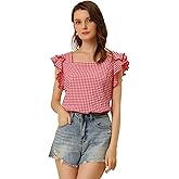Allegra K Gingham Tops for Women Summer Ruffle Cap Sleeve Square Neck Plaid Blouses Shirt Summer Outfits