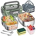 BEVCEKNS Electric Lunch Box For Car, 3 In 1 Portable Heating Lunch Box With 1.8L Removable Stainless Steel Container, 80W Leak Proof Food Warmer 110V 12V 24V For Truck Home Office