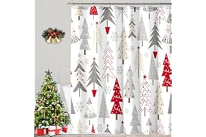 COSEVIER Christmas Shower Curtains for Bathroom, Red Grey Christmas Tree Shower Curtain, Merry Christmas Xmas Pine Winter Holiday Bath Curtain Home Décor, 72x72 Inch