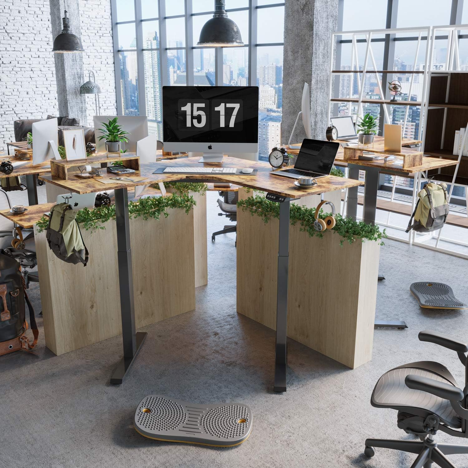 FEZIBO L-Shaped Electric Standing Desk, 48 Inches Height Adjustable Corner Desk, Full Sit Stand Home Office Table with Splice Board, Black Frame/Rustic Brown Top: Kitchen & Dining