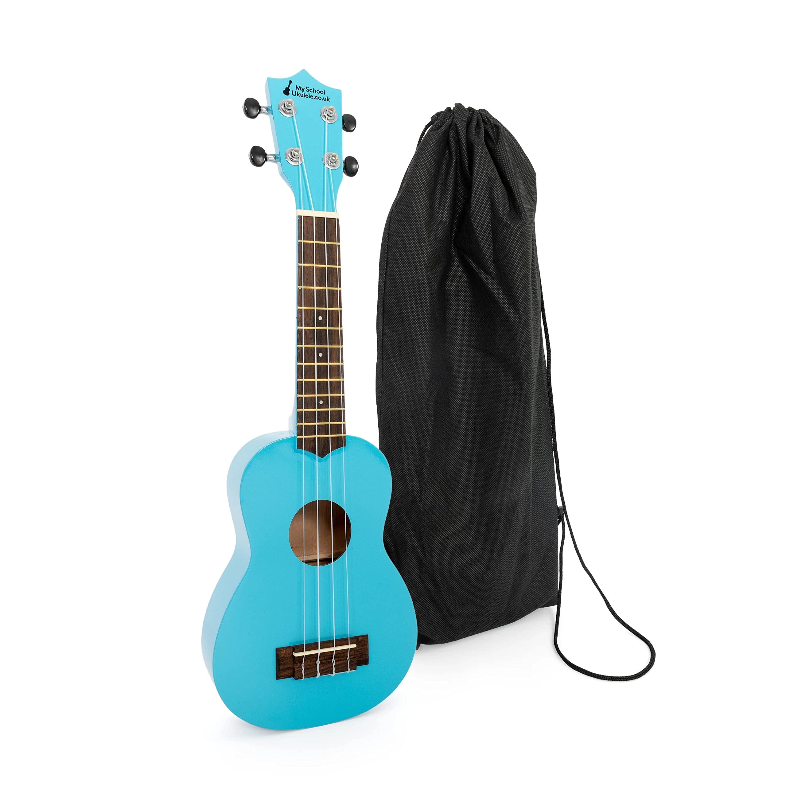 Soprano ukulele in light blue with black bag