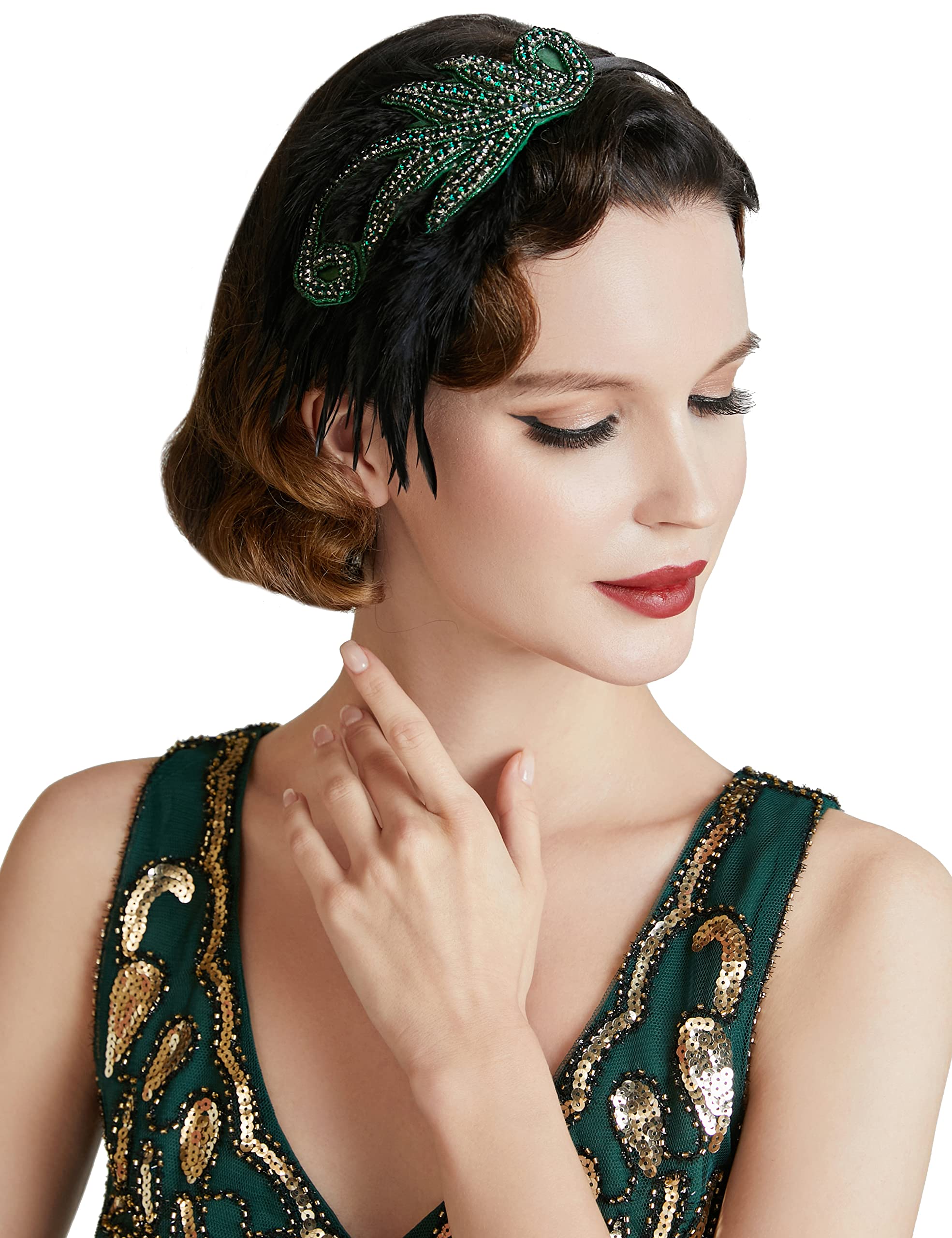 BABEYOND Vintage 1920s Headband 1920s Headpiece Feather Beaded Headband Crystal Flapper Headpiece Great Gatsby Costume Accessories Roaring 20's Accessories(Green) โ image 1