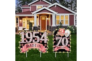 PUYRUIV 2Pcs Rose Gold 70th Birthday Yard Sign Decoration with String Lights for Women,Happy 70th Birthday Made in 1954 Lawn Sign Party Supplies, Seventy Year Old Birthday with Lights Yard Decor with Stakes