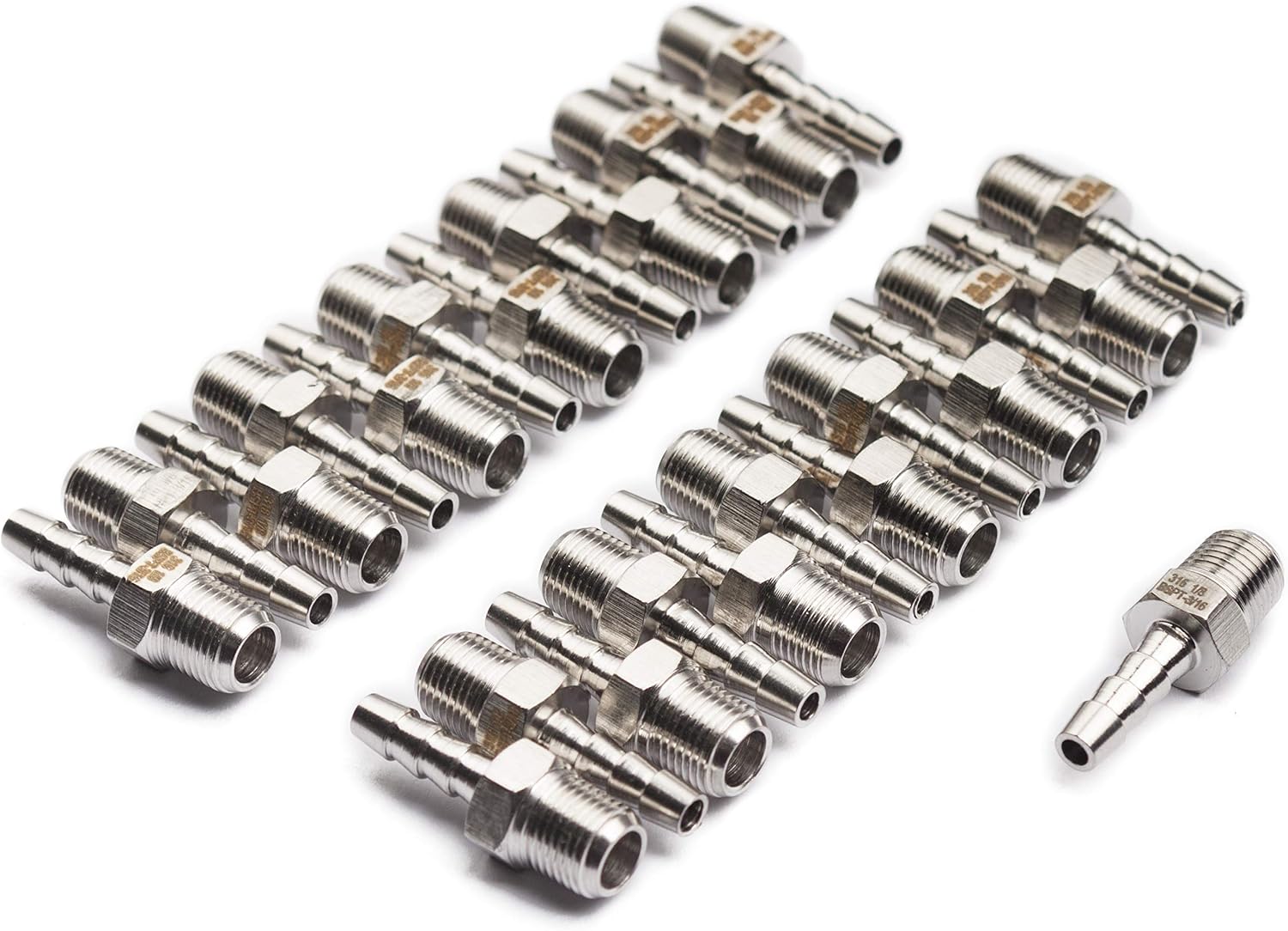 LTWFITTING Stainless Steel 316 Barbed Fitting Connector 1/8" Male BSPT x 3/16"(5mm) Hose Barb Fuel Gas Water (Pack of 25)