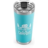 Camco Life is Better at The Campsite Tumbler | Heavy Duty Double Wall Vacuum Insulation | Crafted of 18/8 Stainless Steel | Unique “Life is Better at The Campsite” Design on Cool Blue | 20-oz (53057)