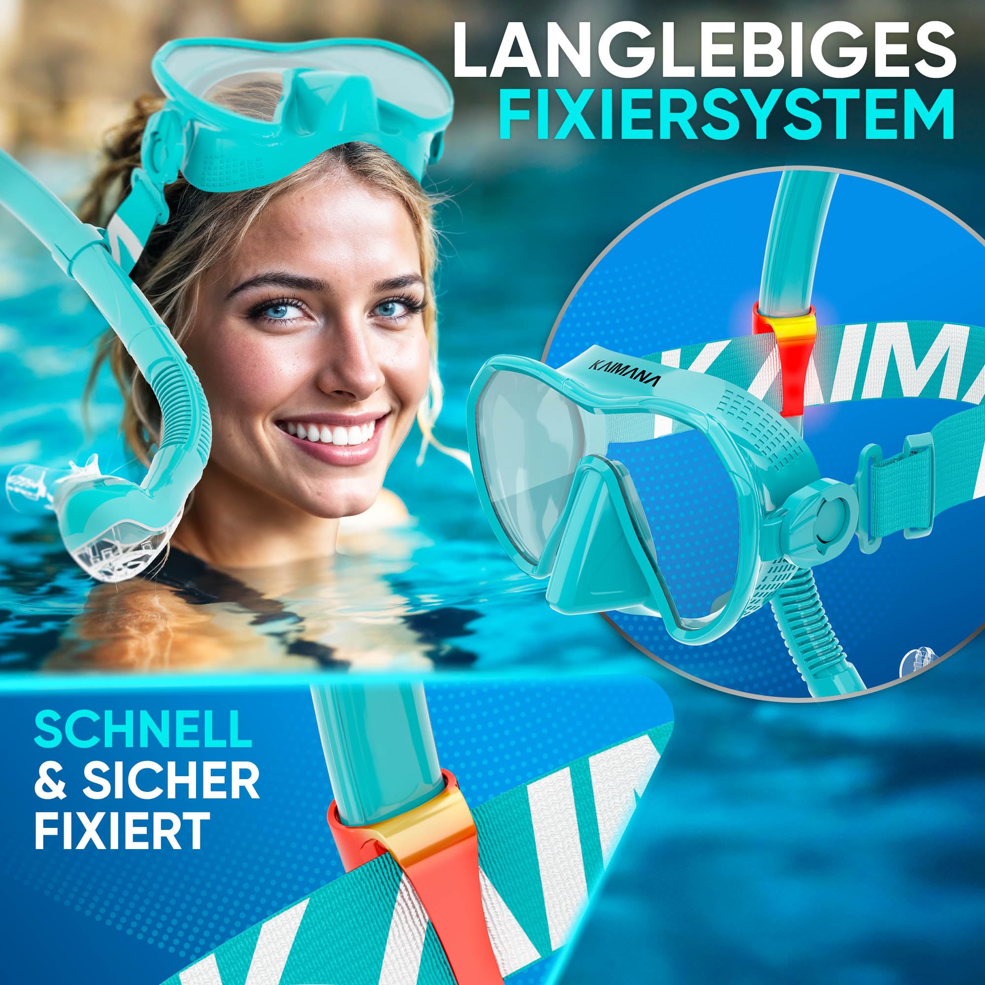 Das Neue KAIMANA® AquaVision Prolite Schnorchelset für Erwachsene inkl. Tragetasche, Bequeme Taucherbrille Erwachsene, Alternative zur Schnorchelmaske, Taucherbrille mit Stoffband/Silikonstrap 5