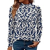 LUYAA Puff Long Sleeve Shirts for Women Tops Dressy Casual Frill Mock Neck Smocked Cuffs Blouses