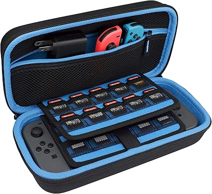 Amazon Com Takecase Carrying Case For Nintendo Switch Protective Hard Case Includes Accessories Pouch That Fits Extra Joy Cons 16 Game Cards Adapter Charger And Cables Blue Black