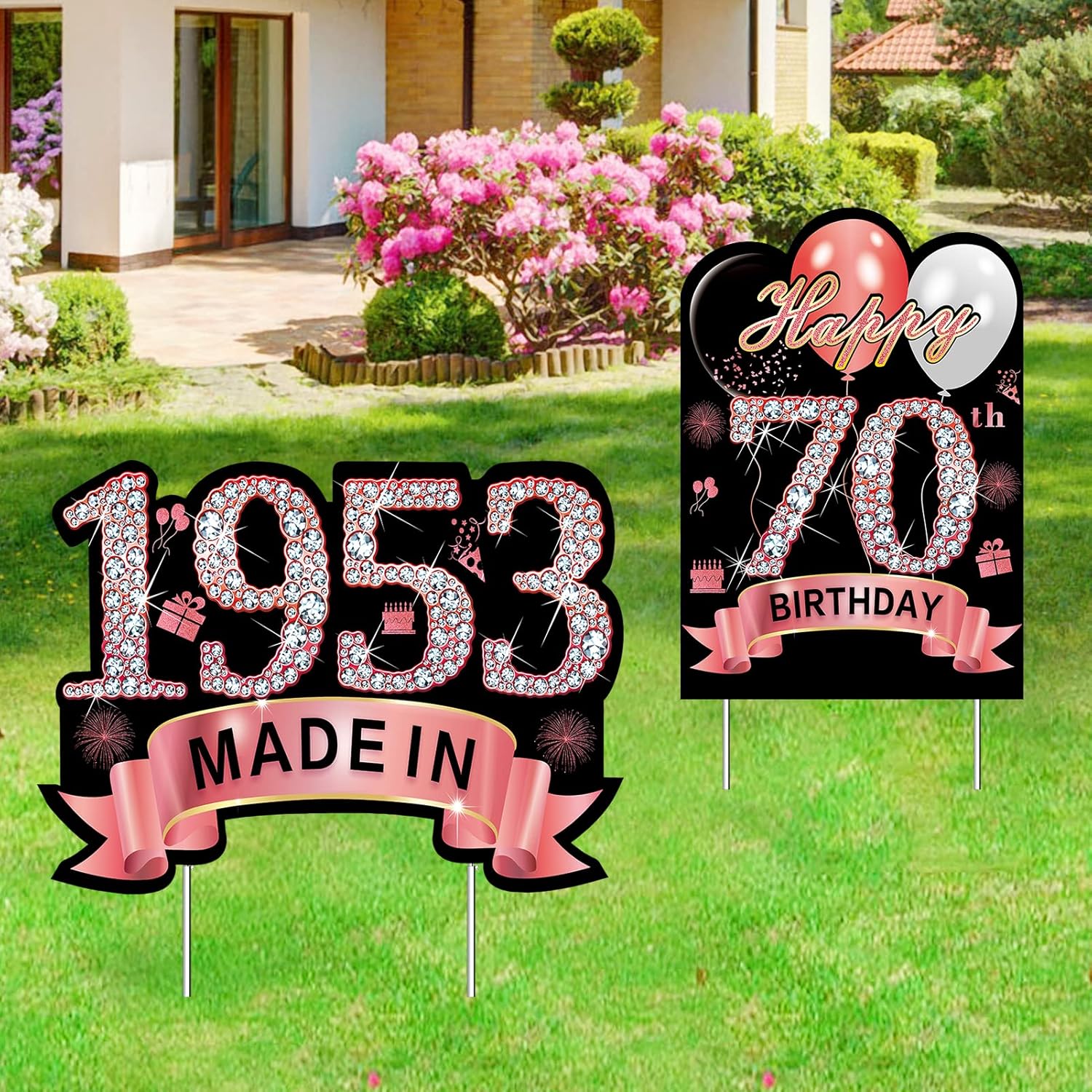 Yard Signs - 2Pcs Rose Gold 70th Birthday Yard Sign Decorations for Women, Happy 70th Birthday Made in 1953 Lawn Sign Party Supplies, Seventy Year Old Birthday Yard Decor with Stakes