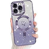 Bonoma Compatible with iPhone 14 Pro Max Case Support for MagSafe, Plating Heart Glitter Magnetic Case 2* Screen Protector TPU Camera Protection Back Cover for Girls Women -Purple