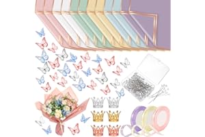 Qilery 243 Pcs Flower Bouquet Wrapping Paper Waterproof Floral Wrapping Paper Florist Supplies with Butterfly Decoration Crowns Ribbons Bouquet Pin Glue for DIY Craft (Pastel Color)