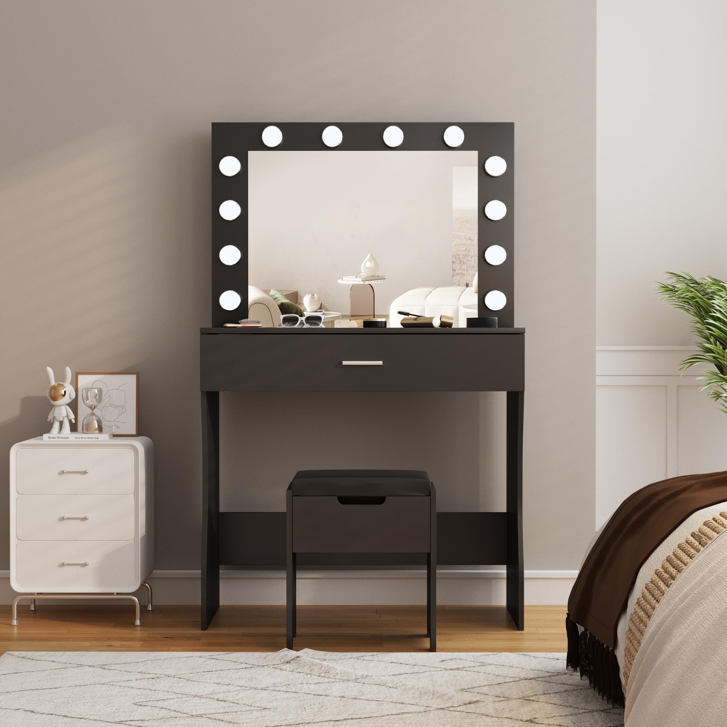 Photo 1 of ****************MIRROR IS BROKEN*******************
Vanity Desk with Mirror and Lights, Adjustable Brightness, Black Vanity Table Set with Storage Drawer,Makeup Vanity Set with Cushioned Chair