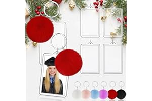 Henoyso 6 Pcs Christmas Photo Keychain Acrylic Picture Keychains with Colorful Fluffy Poms Photo Ornament (2 x 3 Inches)
