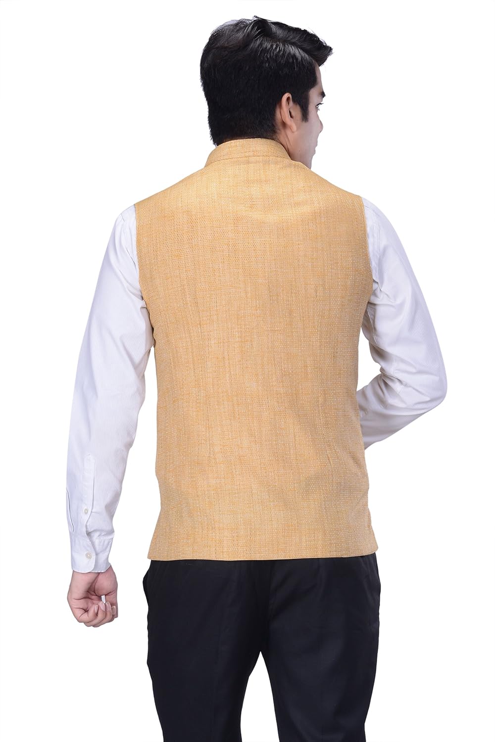 kisah men's woven cotton silk yellow nehru jacket