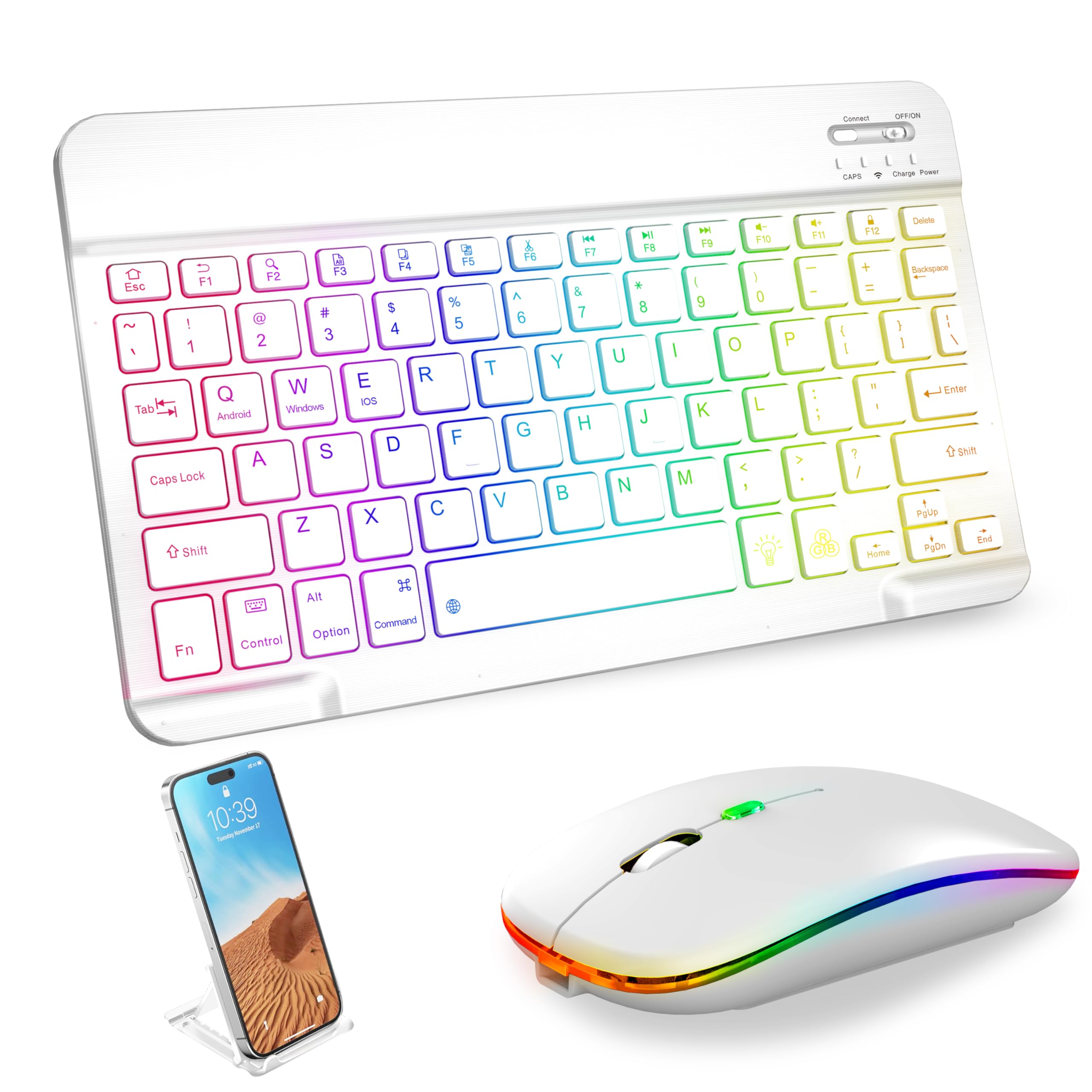 Photo 1 of Bluetooth Keyboard & Mouse Combo for iPad - Rechargeable RGB Wireless Set with 7-Color Backlit, Compatible with iPad 10th/9th/8th Gen, iPad Pro/Air/Mini (White).